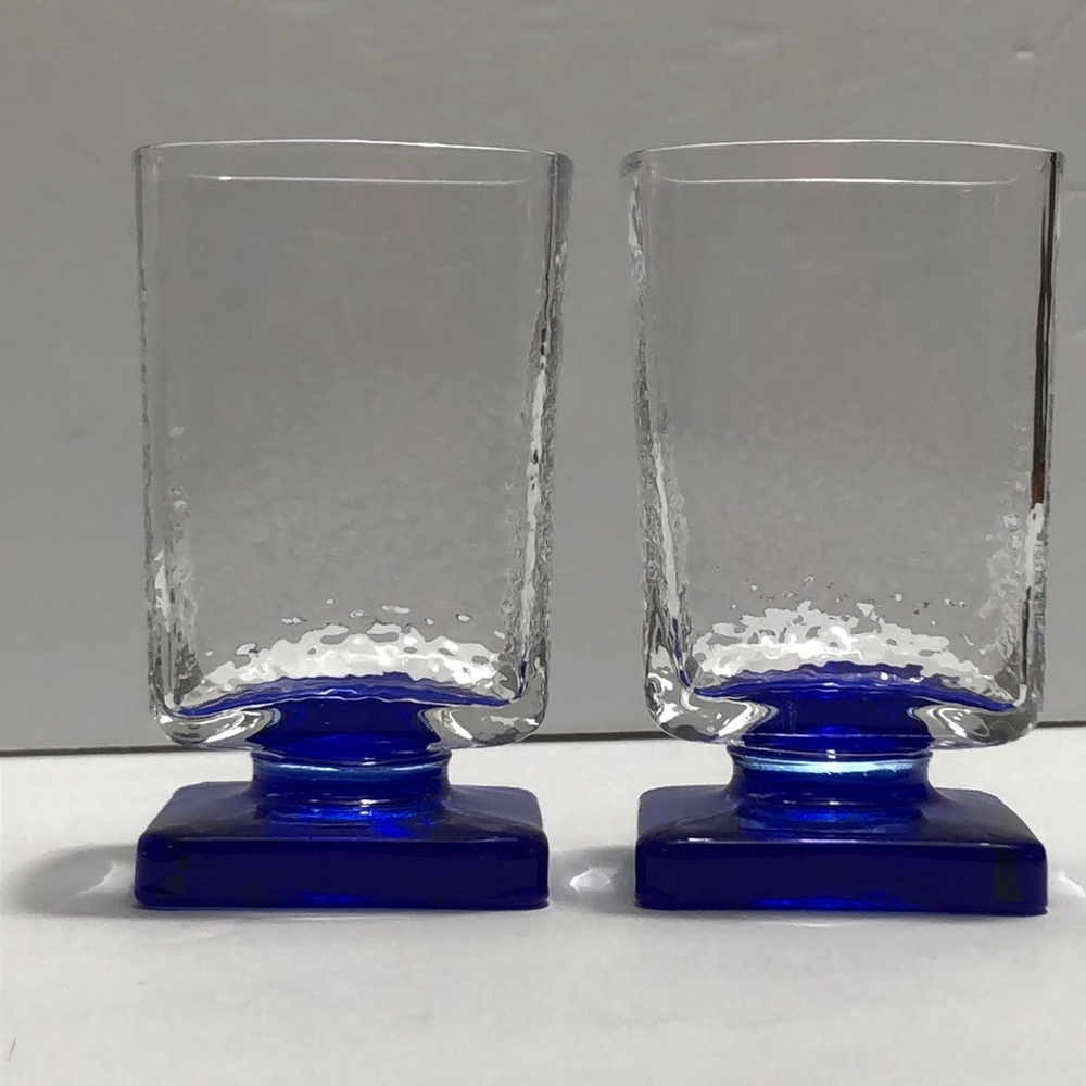 Bormioli Rocco Cobalt Blue Square Pedestal Base Ice Textured Cocktail Glasses
